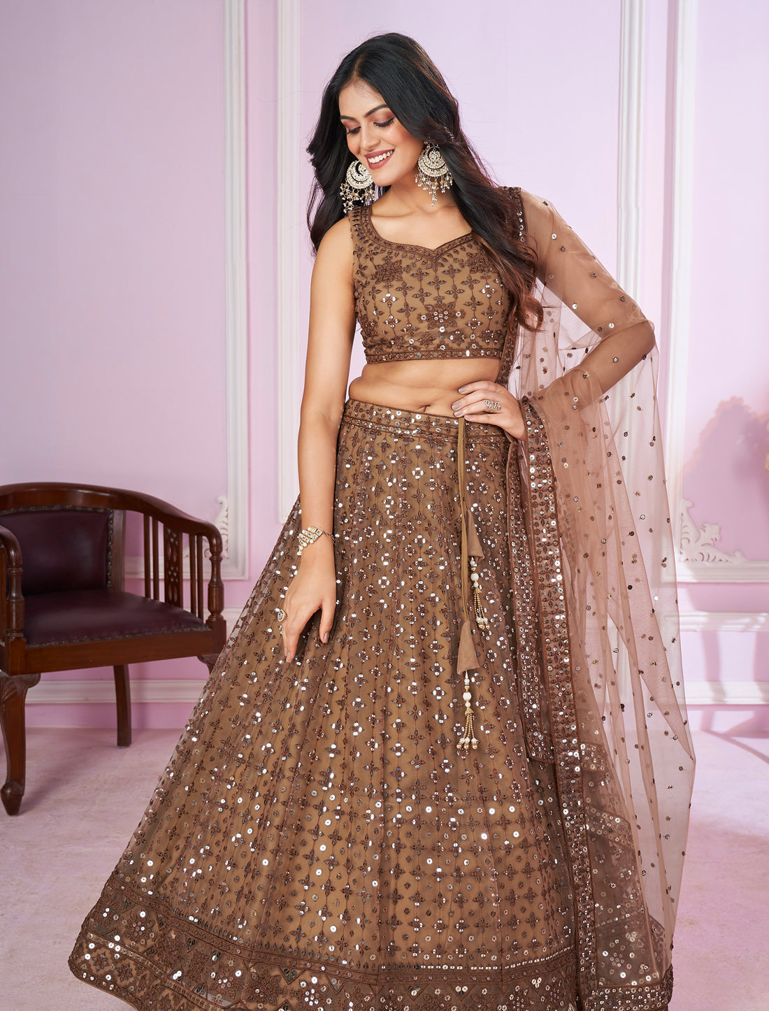 Brown Ethnic Designer Wedding Lehenga Choli Set with Zari Enbroidery