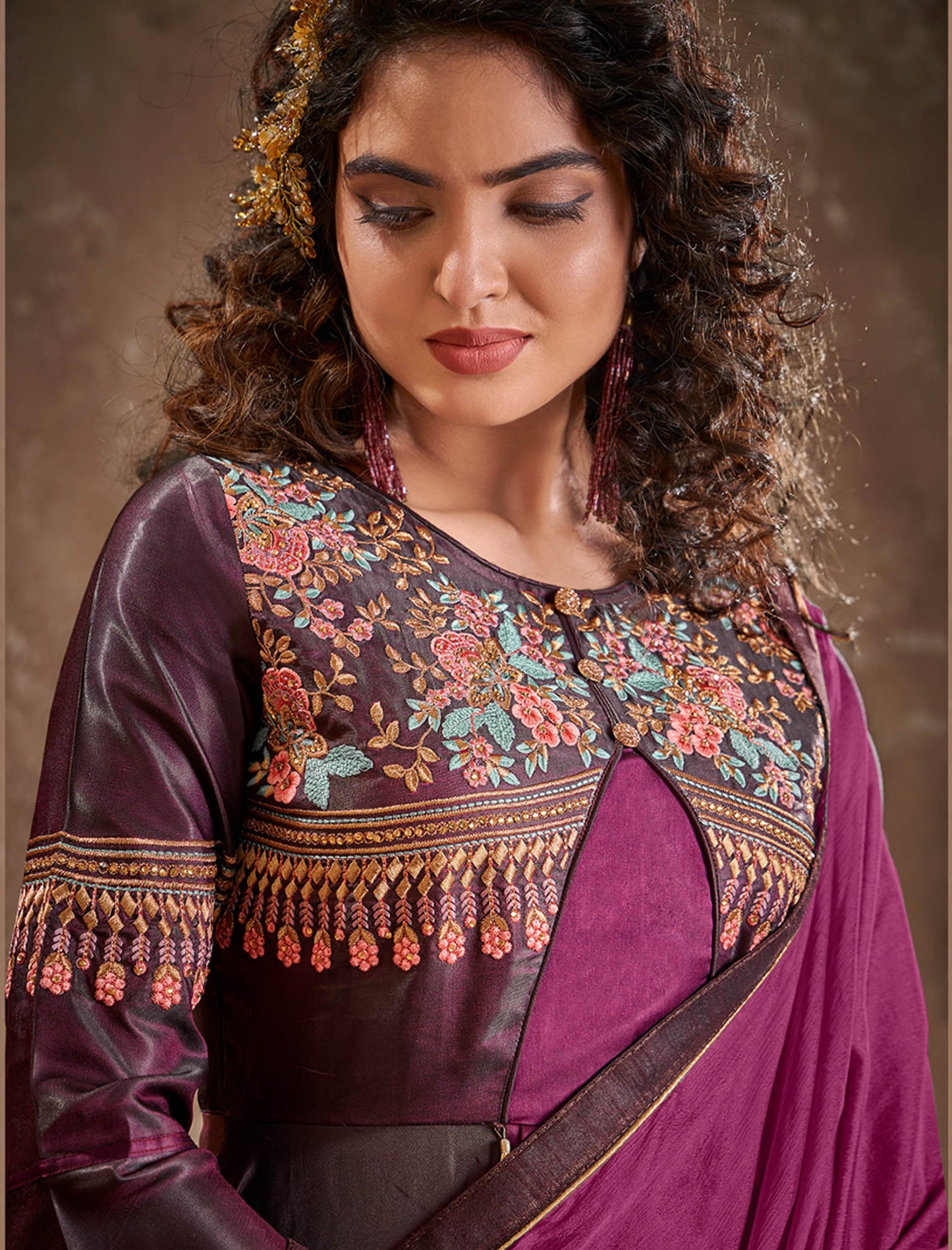 Heliotrope Triva Silk Ethnic Gown Embellished With Heavy Embroidery for Women