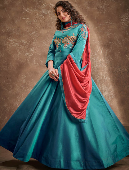 Triva Silk Top with Heavy Embroidery and Chiinon Lace Dupatta Kurti Set For Women