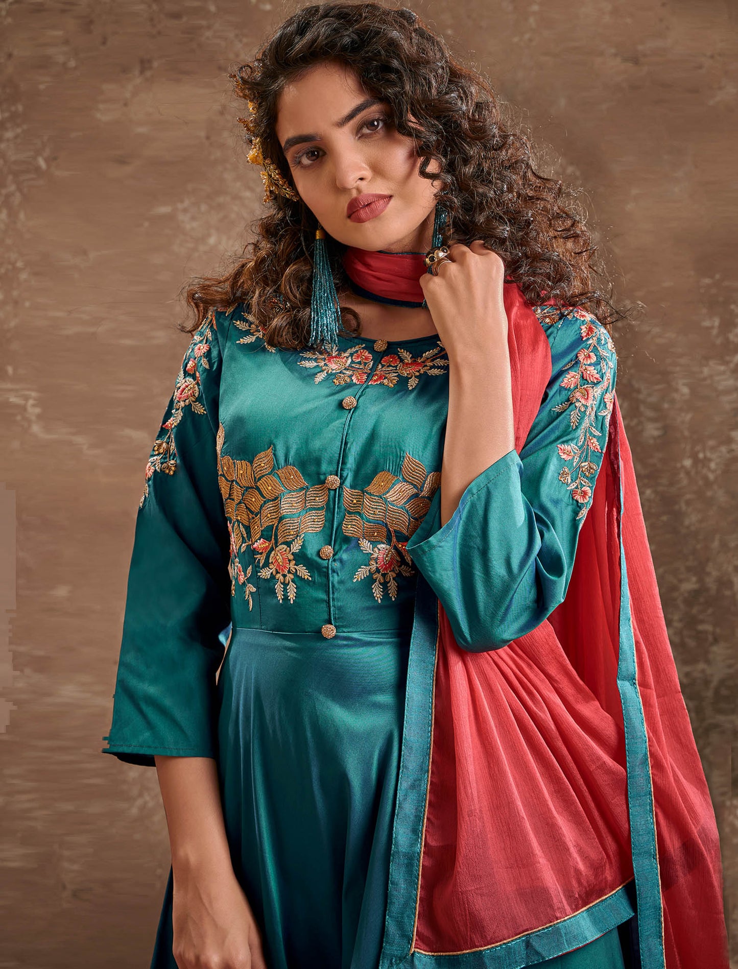 Triva Silk Top with Heavy Embroidery and Chiinon Lace Dupatta Kurti Set For Women