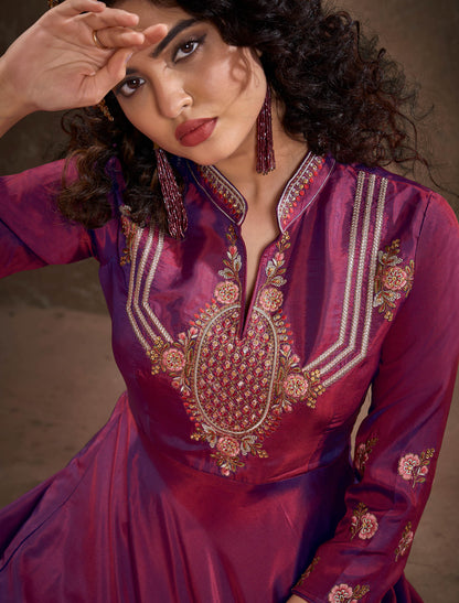 Triva Silk Top with Heavy Embroidery and Chiinon Lace Dupatta Kurti Set For Women