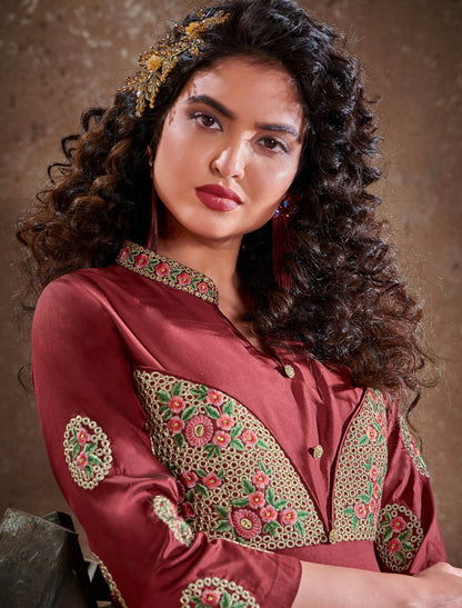 Triva Silk Top with Heavy Embroidery and Chiinon Lace Dupatta Kurti Set For Women