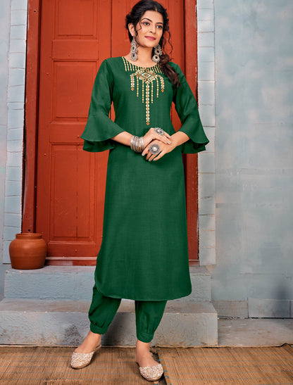 Green Rayon Kurti Sets With Heavy Embroidery Work For Women