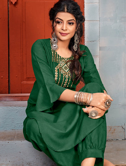 Green Rayon Kurti Sets With Heavy Embroidery Work For Women