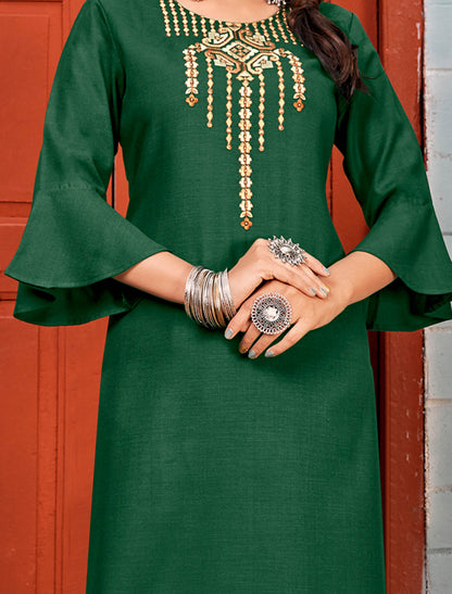 Green Rayon Kurti Sets With Heavy Embroidery Work For Women