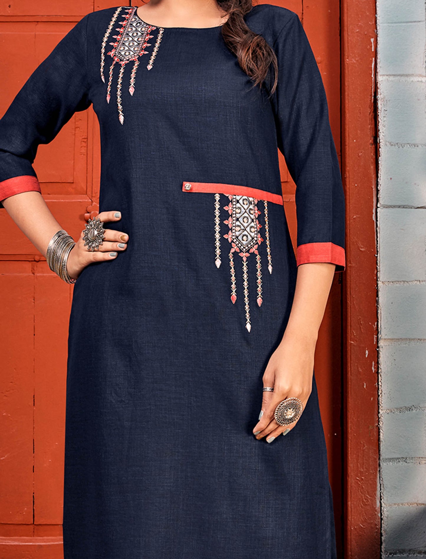 Navy Blue Rayon Kurti Sets With Heavy Embroidery Work For Women