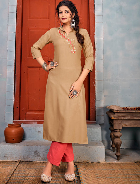 Beige Rayon Kurti Sets With Heavy Embroidery Work For Women