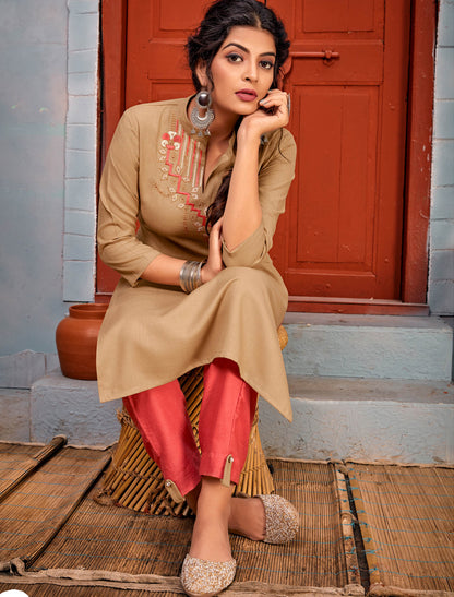 Beige Rayon Kurti Sets With Heavy Embroidery Work For Women