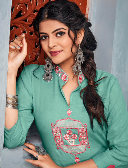 Green Rayon Kurti Set With Heavy Embroidery Work For Women