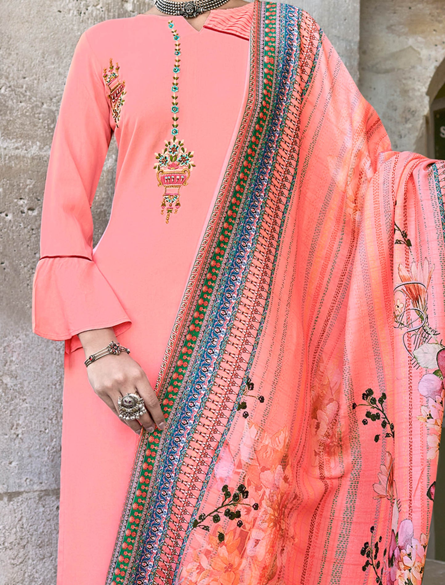 Peach Heavy Rayon Kurti with Bottom and Dupatta Kurti Set For Women