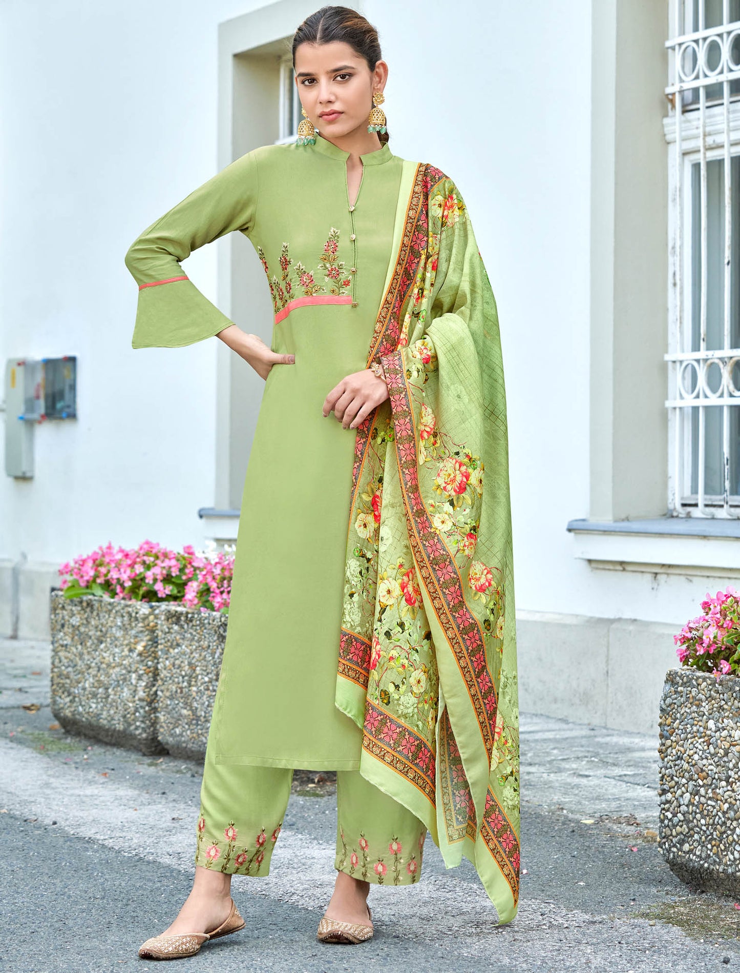 Pista Green Heavy Rayon Kurti with Bottom and Dupatta Kurti Set For Women