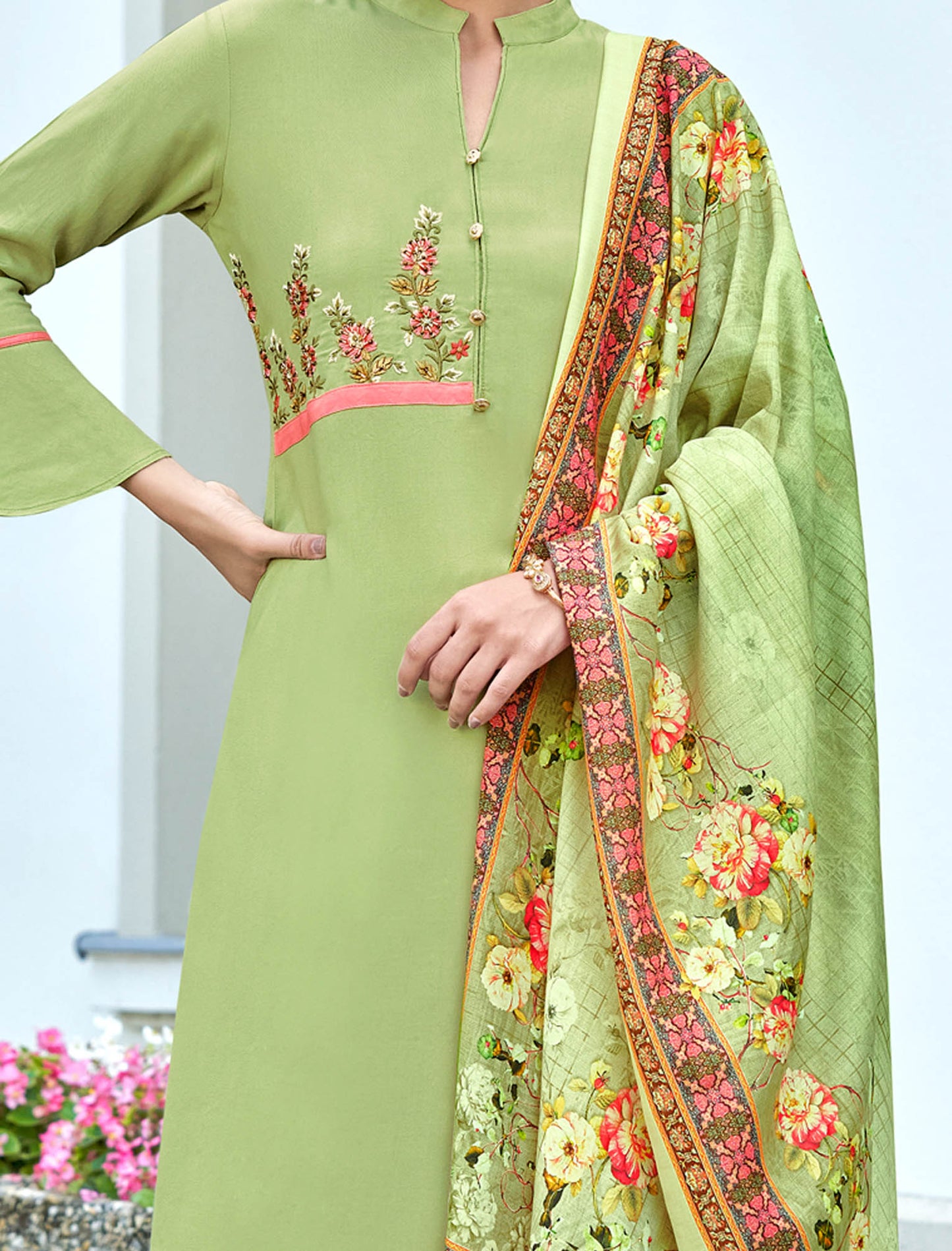 Pista Green Heavy Rayon Kurti with Bottom and Dupatta Kurti Set For Women