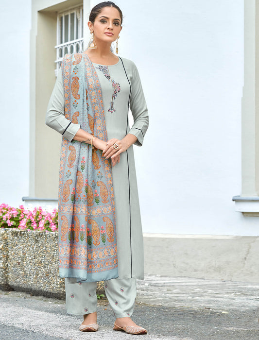 Light Grey Heavy Rayon Kurti with Bottom and Dupatta Kurti Set For Women