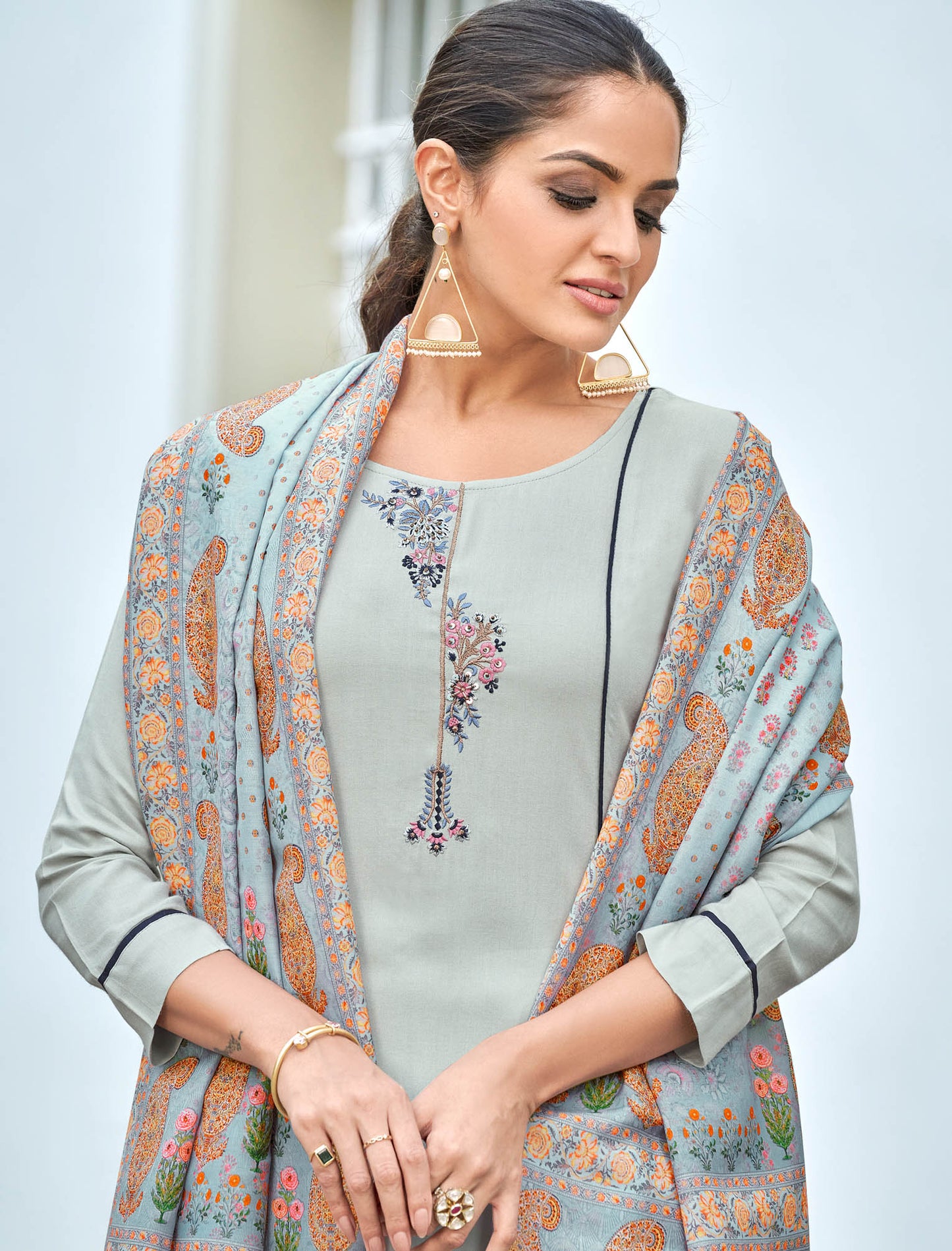 Light Grey Heavy Rayon Kurti with Bottom and Dupatta Kurti Set For Women