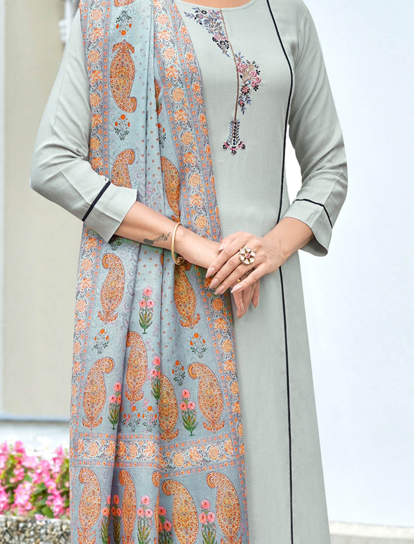 Light Grey Heavy Rayon Kurti with Bottom and Dupatta Kurti Set For Women