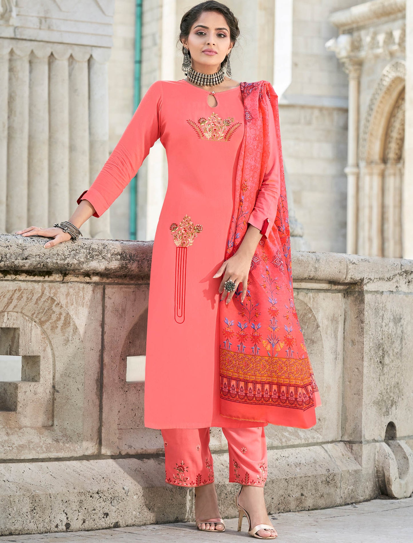 Peach Heavy Rayon Kurti with Bottom and Dupatta Kurti Set For Women