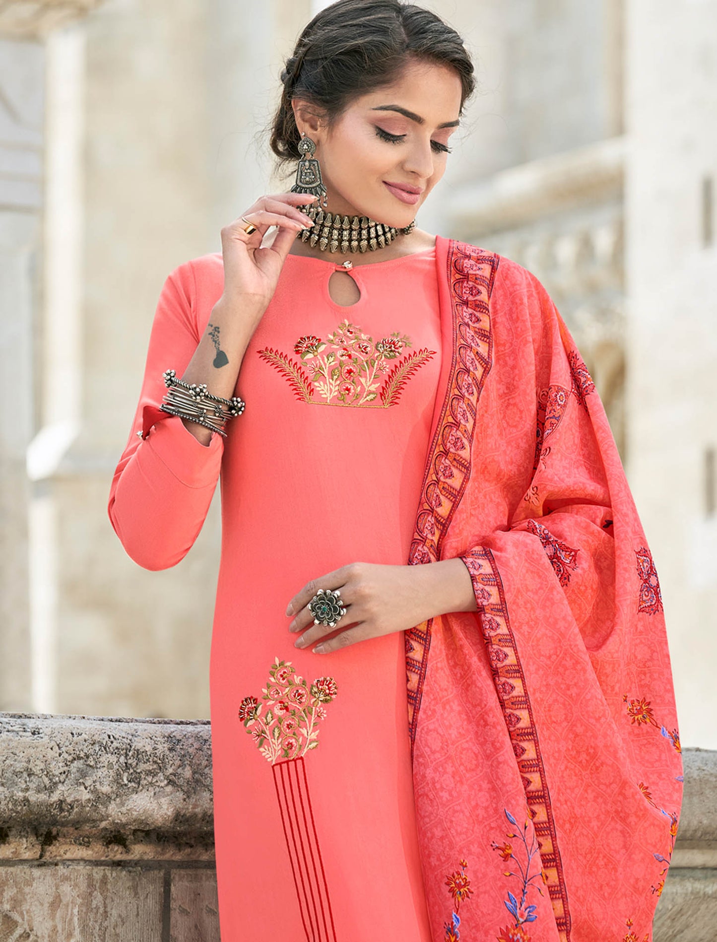 Peach Heavy Rayon Kurti with Bottom and Dupatta Kurti Set For Women