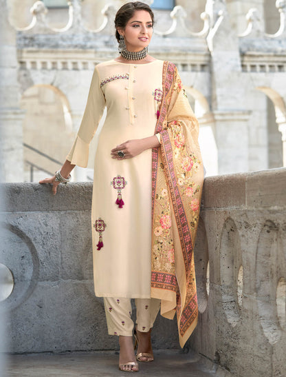 Cream Heavy Rayon Kurti with Bottom and Dupatta Kurti Set For Women