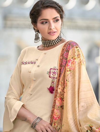 Cream Heavy Rayon Kurti with Bottom and Dupatta Kurti Set For Women