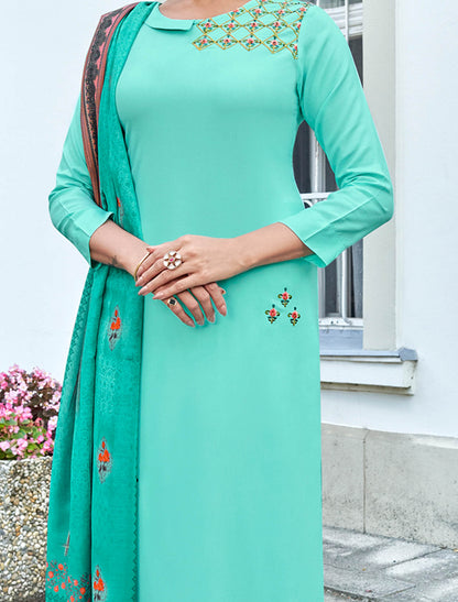 Sky Blue Heavy Rayon Kurti with Bottom and Dupatta Kurti Set For Women