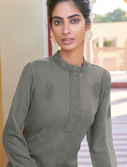 Grey Heavy Fox Georgette Kurti with Pant Kurti Set For Women