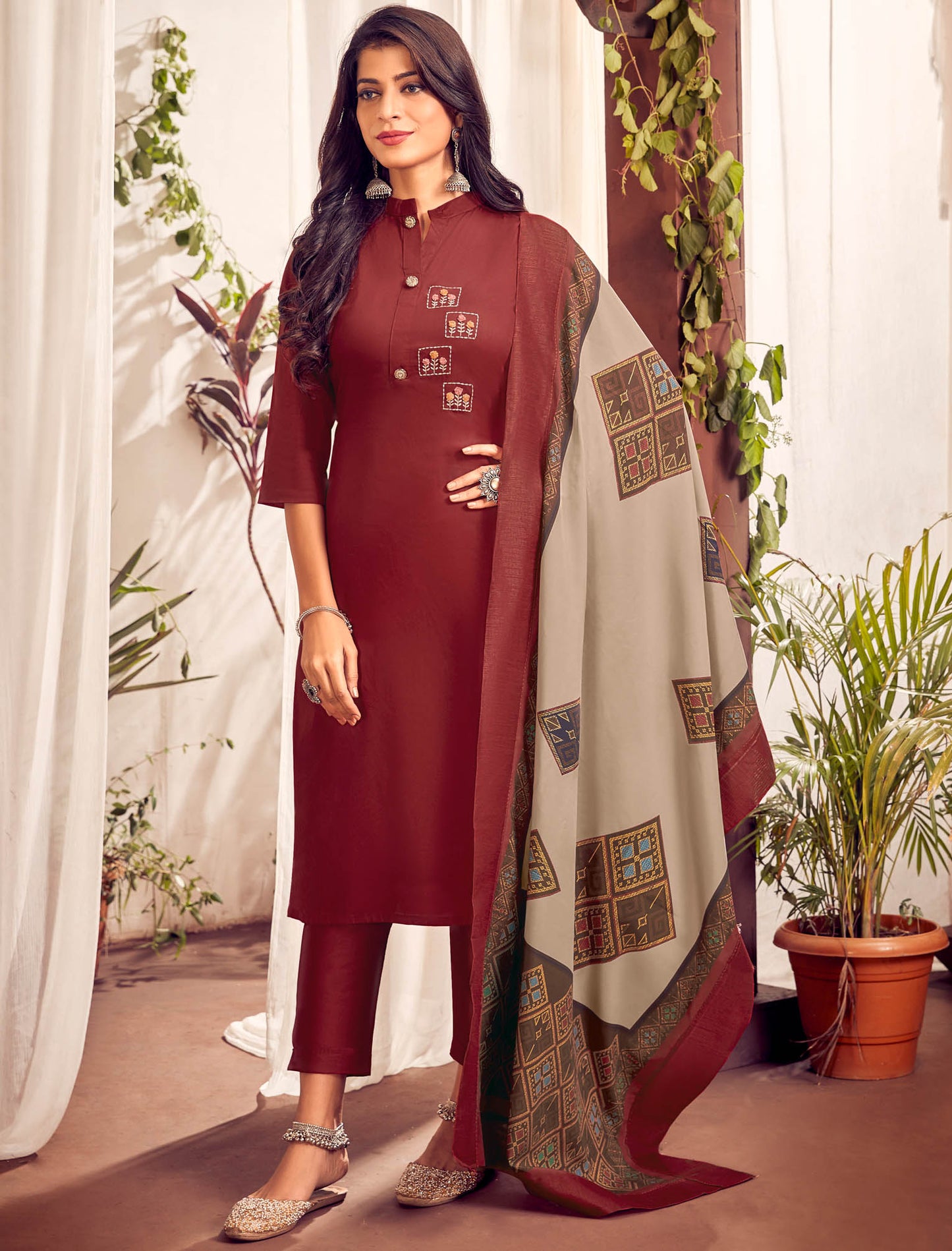 Maroon Heavy Jam Cotton Top with Bottom and Dupatta Kurti Set For Women