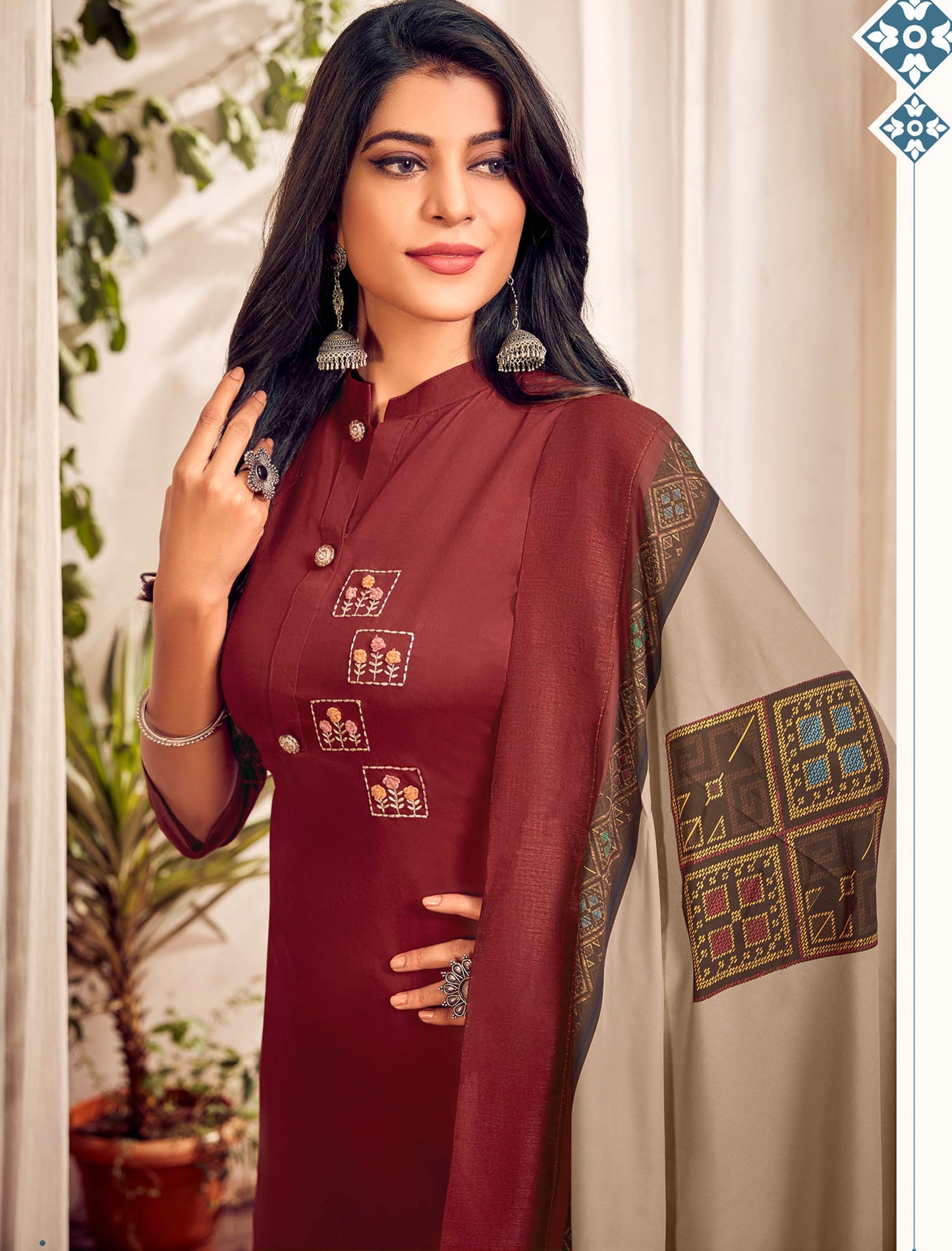 Maroon Heavy Jam Cotton Top with Bottom and Dupatta Kurti Set For Women