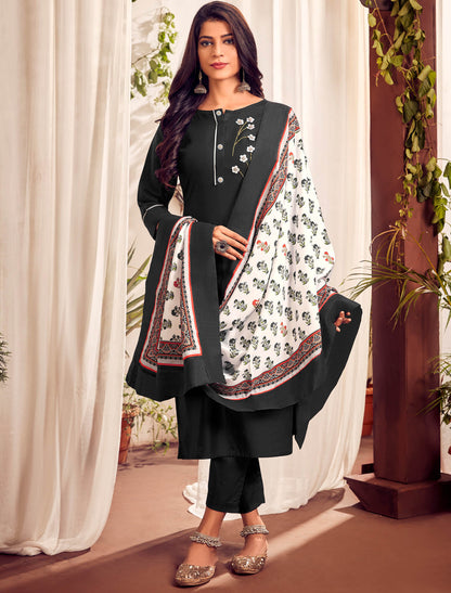 Dark Grey Heavy Jam Cotton Top with Bottom and Dupatta Kurti Set For Women