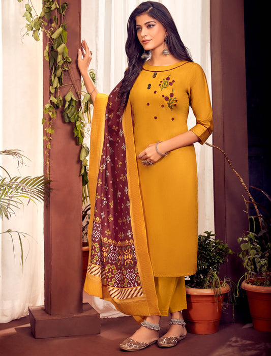 Mustard Yellow Heavy Jam Cotton Top with Bottom and Dupatta Kurti Set For Women