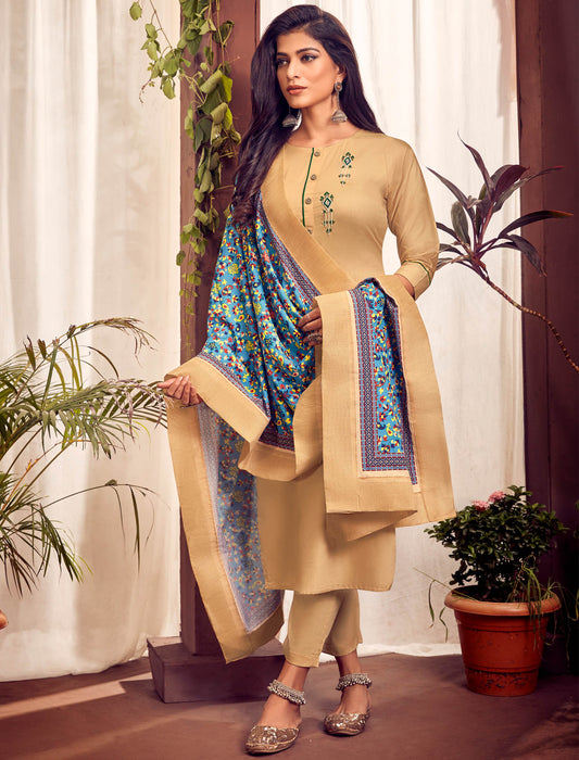 Khaki Heavy Jam Cotton Top with Bottom and Dupatta Kurti Set For Women