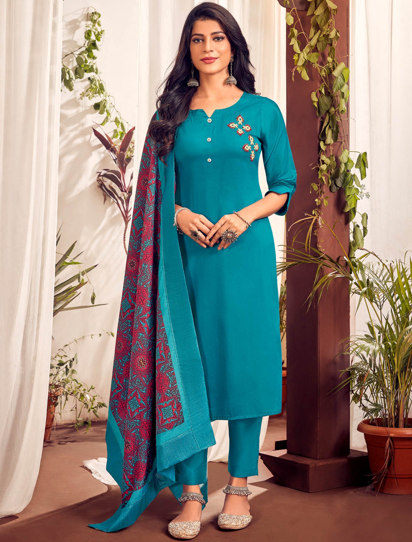 Turquoise Blue Heavy Jam Cotton Top with Bottom and Dupatta Kurti Set For Women