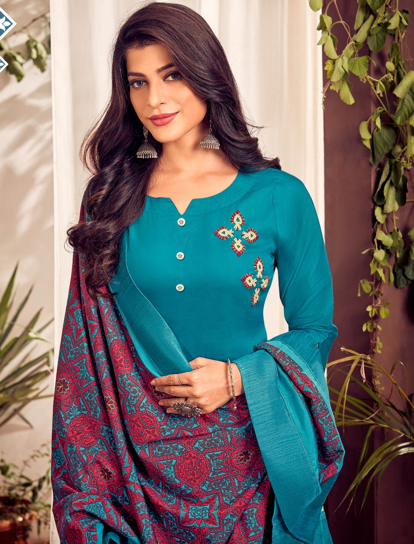 Turquoise Blue Heavy Jam Cotton Top with Bottom and Dupatta Kurti Set For Women