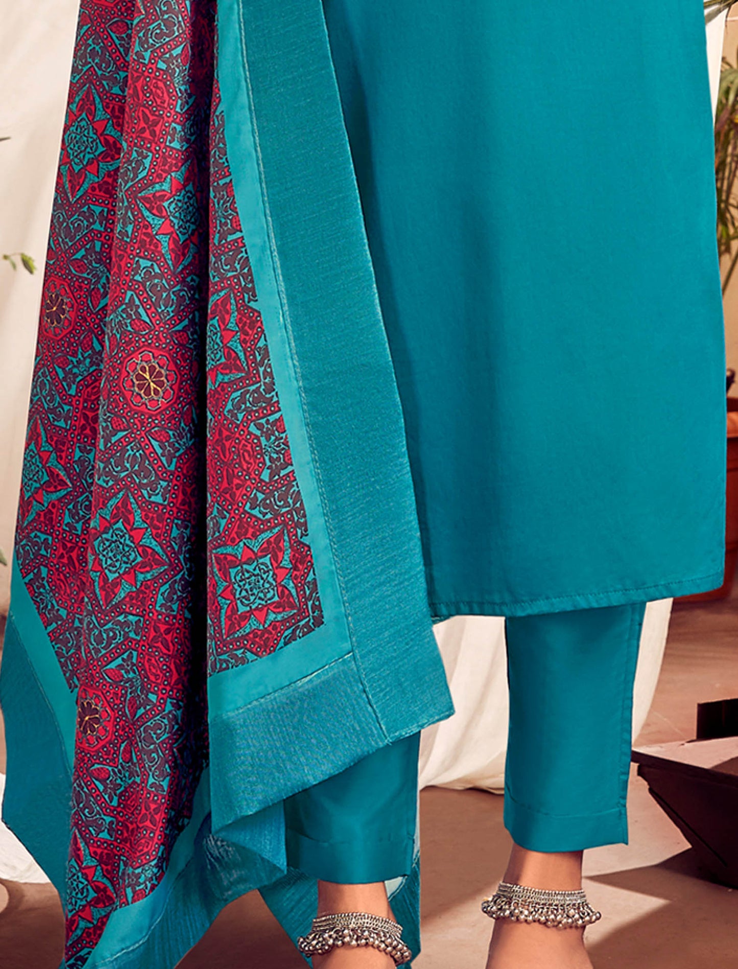 Turquoise Blue Heavy Jam Cotton Top with Bottom and Dupatta Kurti Set For Women