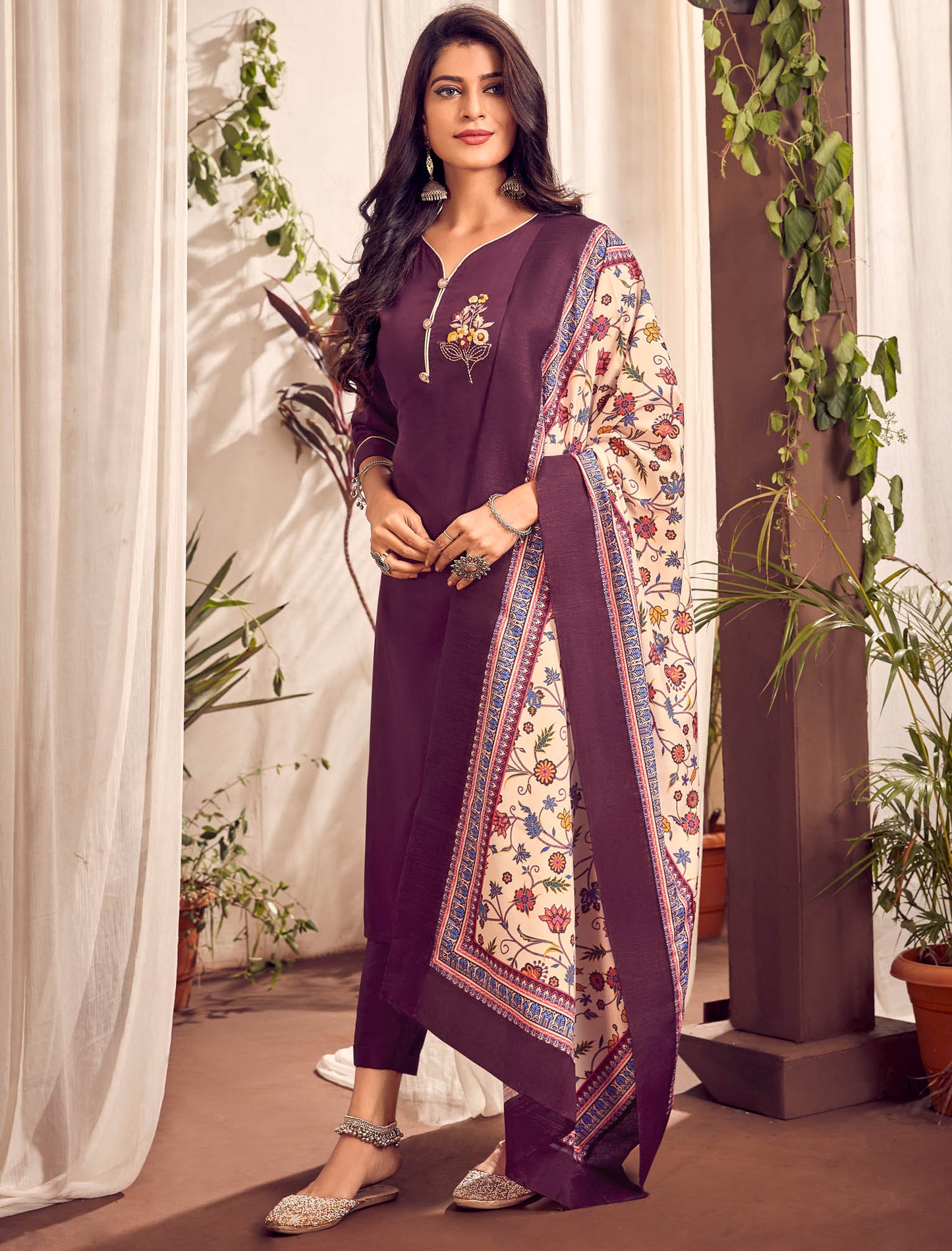 Purple Heavy Jam Cotton Top with Bottom and Dupatta Kurti Set For Women