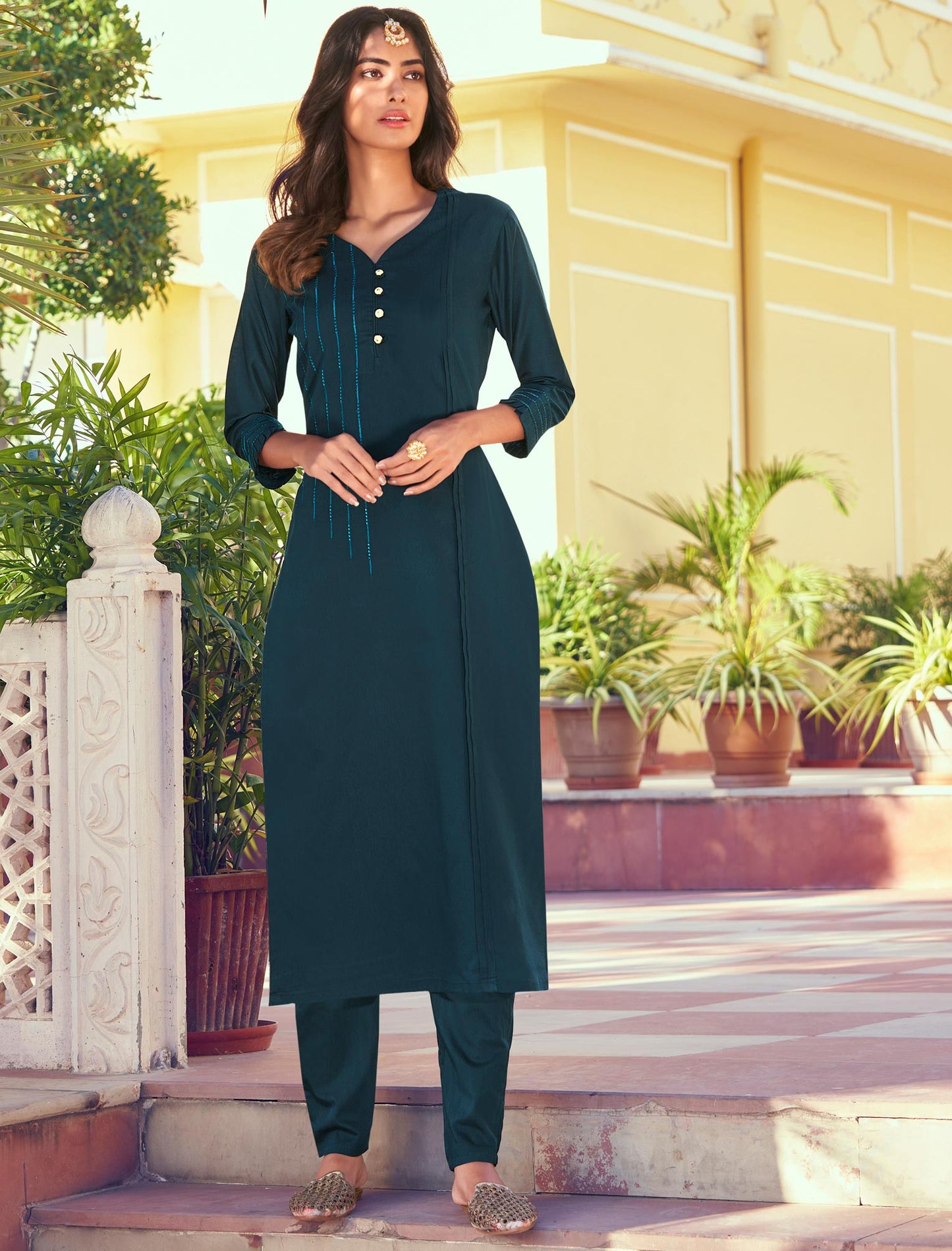 Navy Blue Roman Silk Kurti with Pant and Inner Stitched Kurti Set For Women