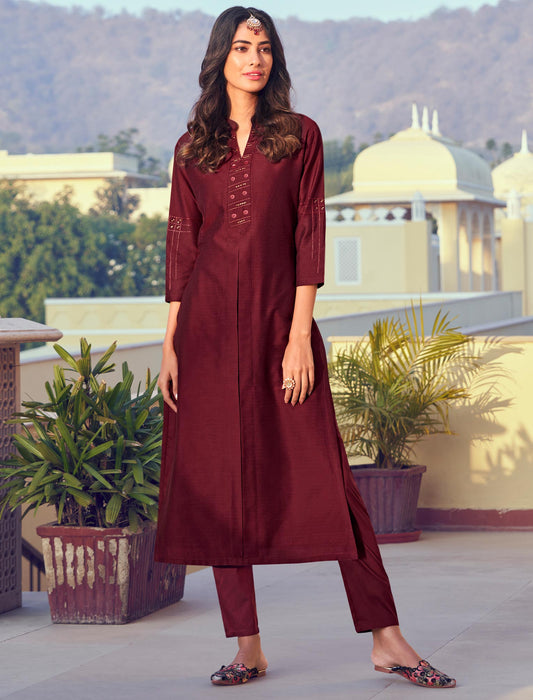 Maroon Blue Roman Silk Kurti with Pant and Inner Stitched Kurti Set For Women