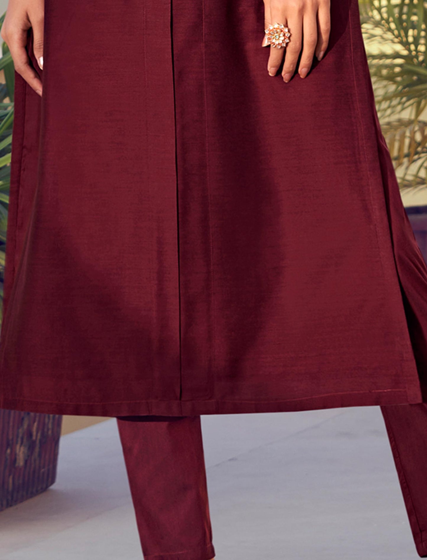 Maroon Blue Roman Silk Kurti with Pant and Inner Stitched Kurti Set For Women