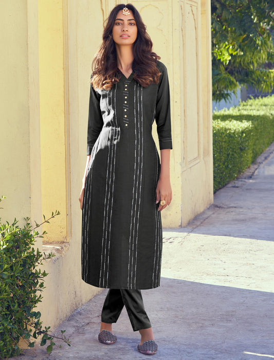 Black Roman Silk Kurti with Pant and Inner Stitched Kurti Set For Women