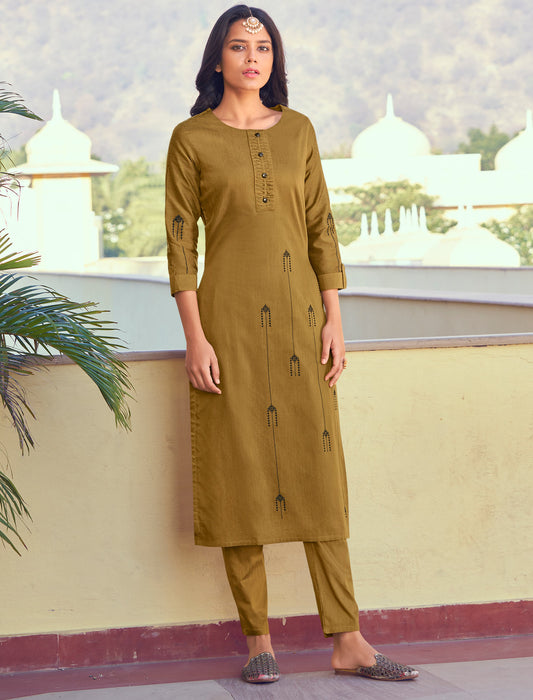 Mustard Yellow Roman Silk Kurti with Pant and Inner Stitched Kurti Set For Women