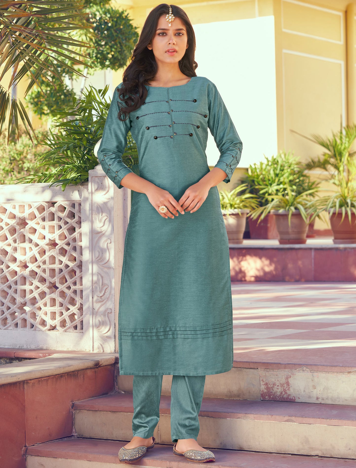 Teal Blue Roman Silk Kurti with Pant and Inner Stitched Kurti Set For Women