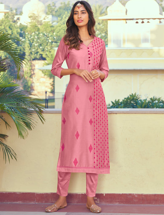 Pink Roman Silk Kurti with Pant and Inner Stitched Kurti Set For Women