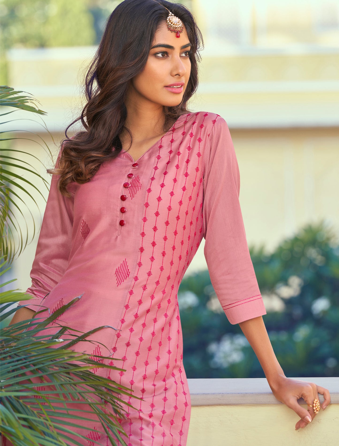 Pink Roman Silk Kurti with Pant and Inner Stitched Kurti Set For Women