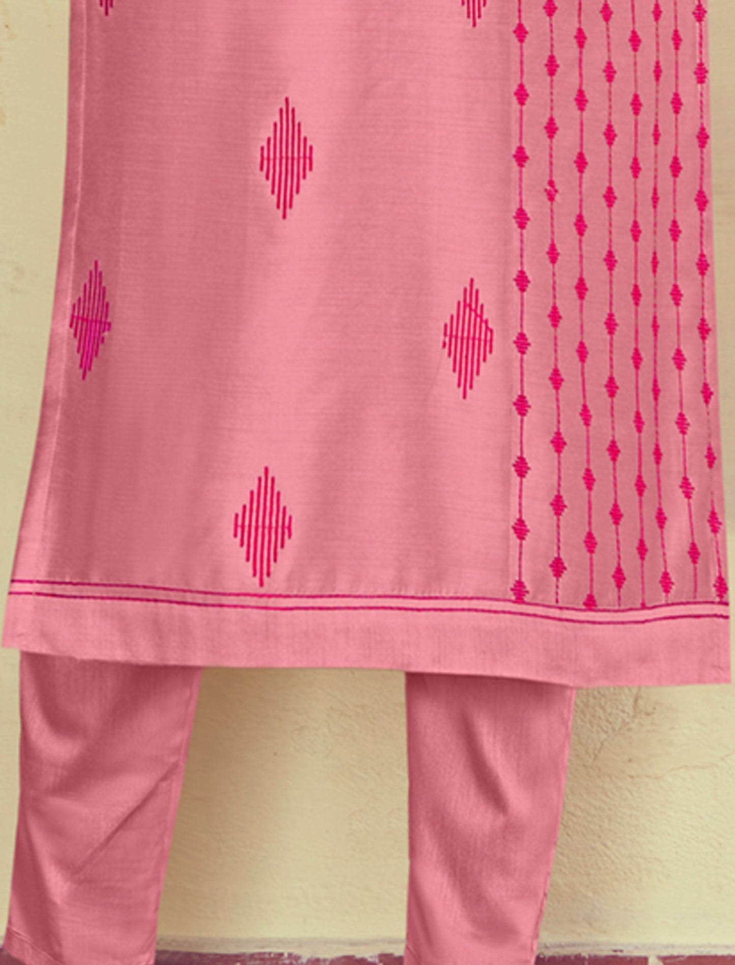 Pink Roman Silk Kurti with Pant and Inner Stitched Kurti Set For Women