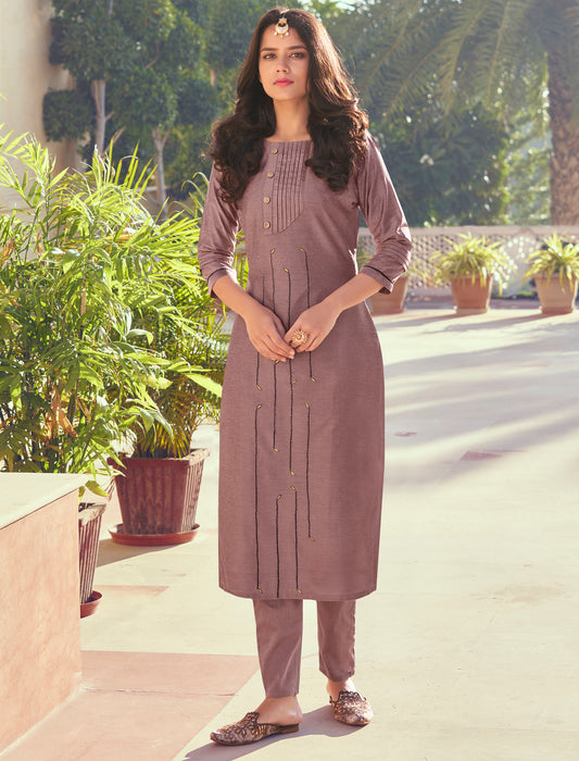 Peach Roman Silk Kurti with Pant and Inner Stitched Kurti Set For Women