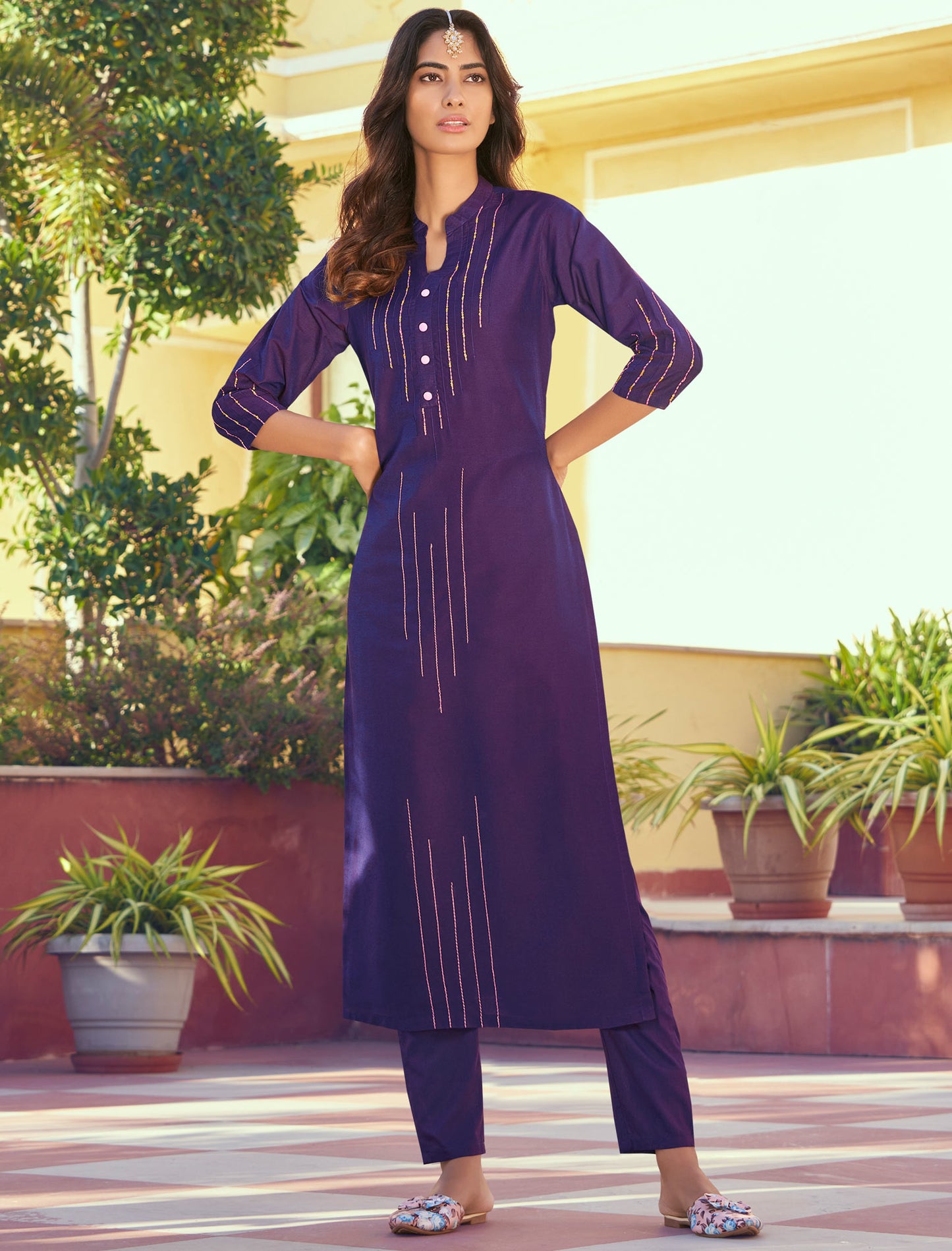 Purple Roman Silk Kurti with Pant and Inner Stitched Kurti Set For Women