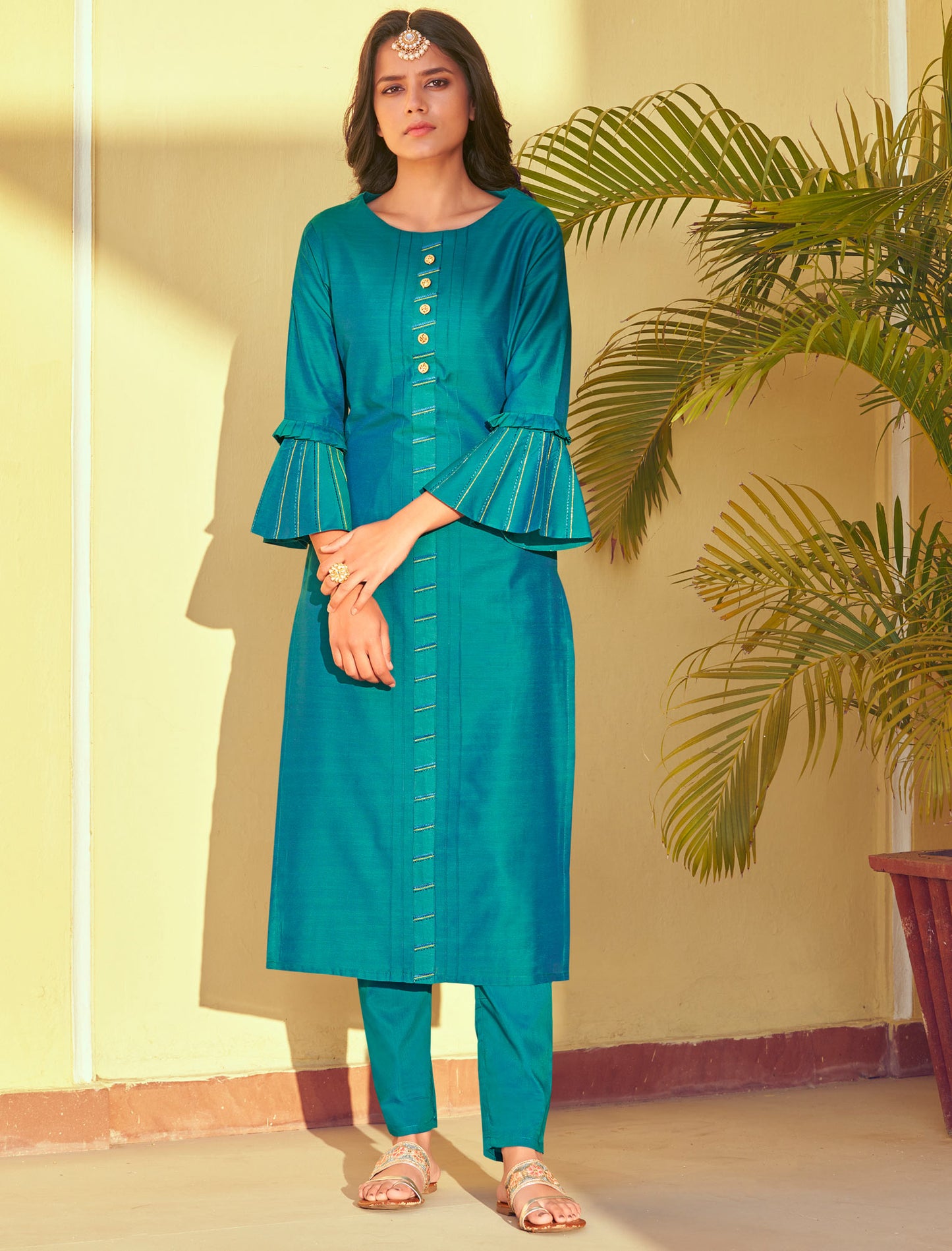 Turquoise Blue Roman Silk Kurti with Pant and Inner Stitched Kurti Set For Women