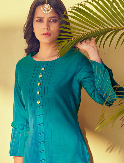 Turquoise Blue Roman Silk Kurti with Pant and Inner Stitched Kurti Set For Women