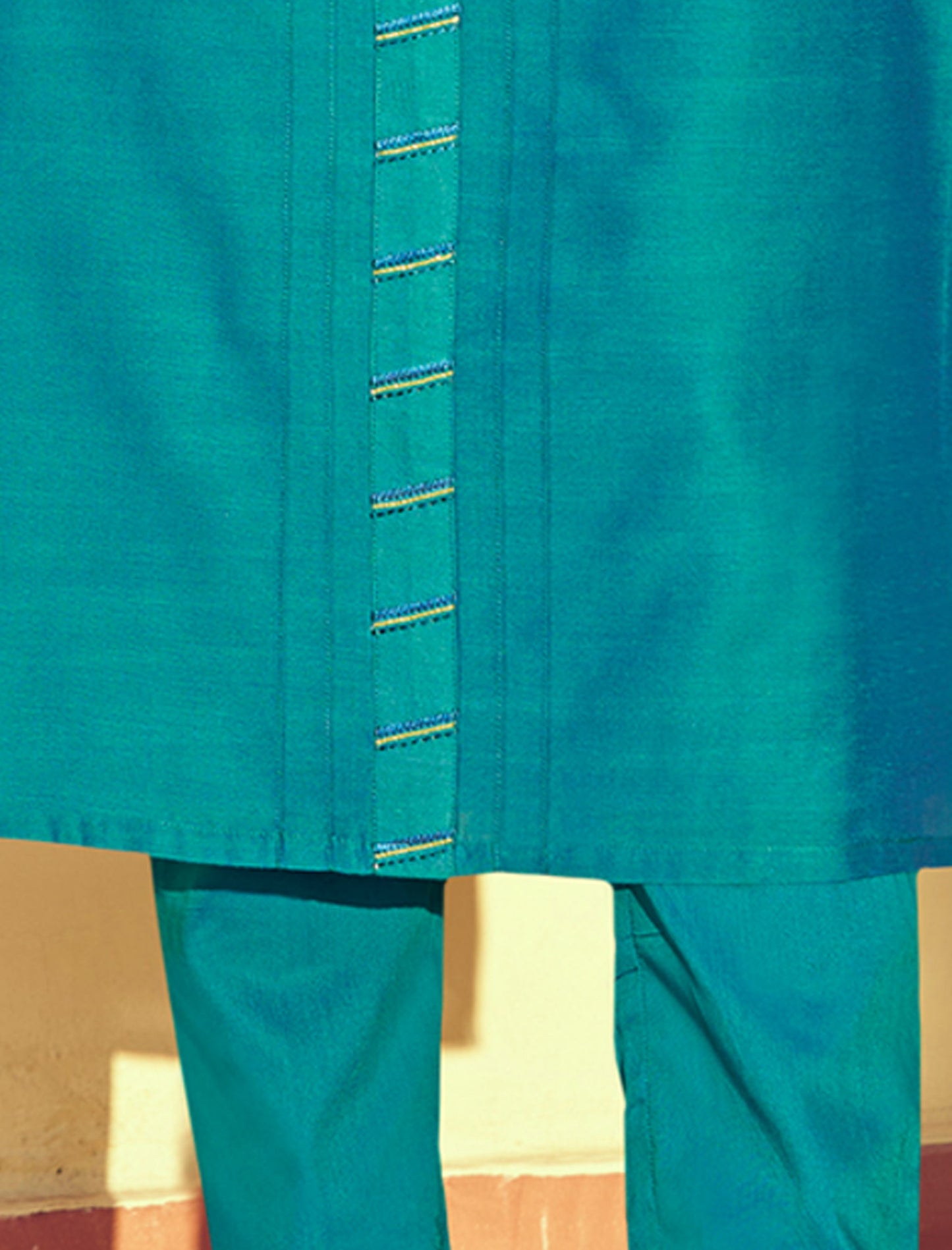 Turquoise Blue Roman Silk Kurti with Pant and Inner Stitched Kurti Set For Women