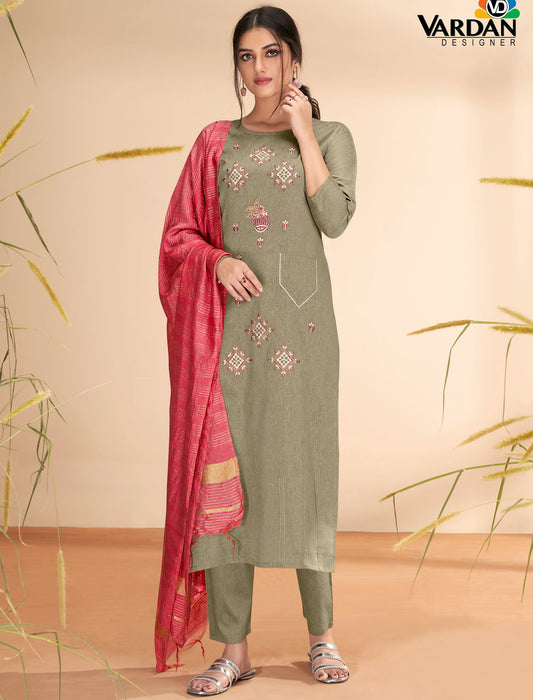 Khaki Masert Cotton Top Lining Cotton Pant and Banarasi Viscose Dupatta For Women