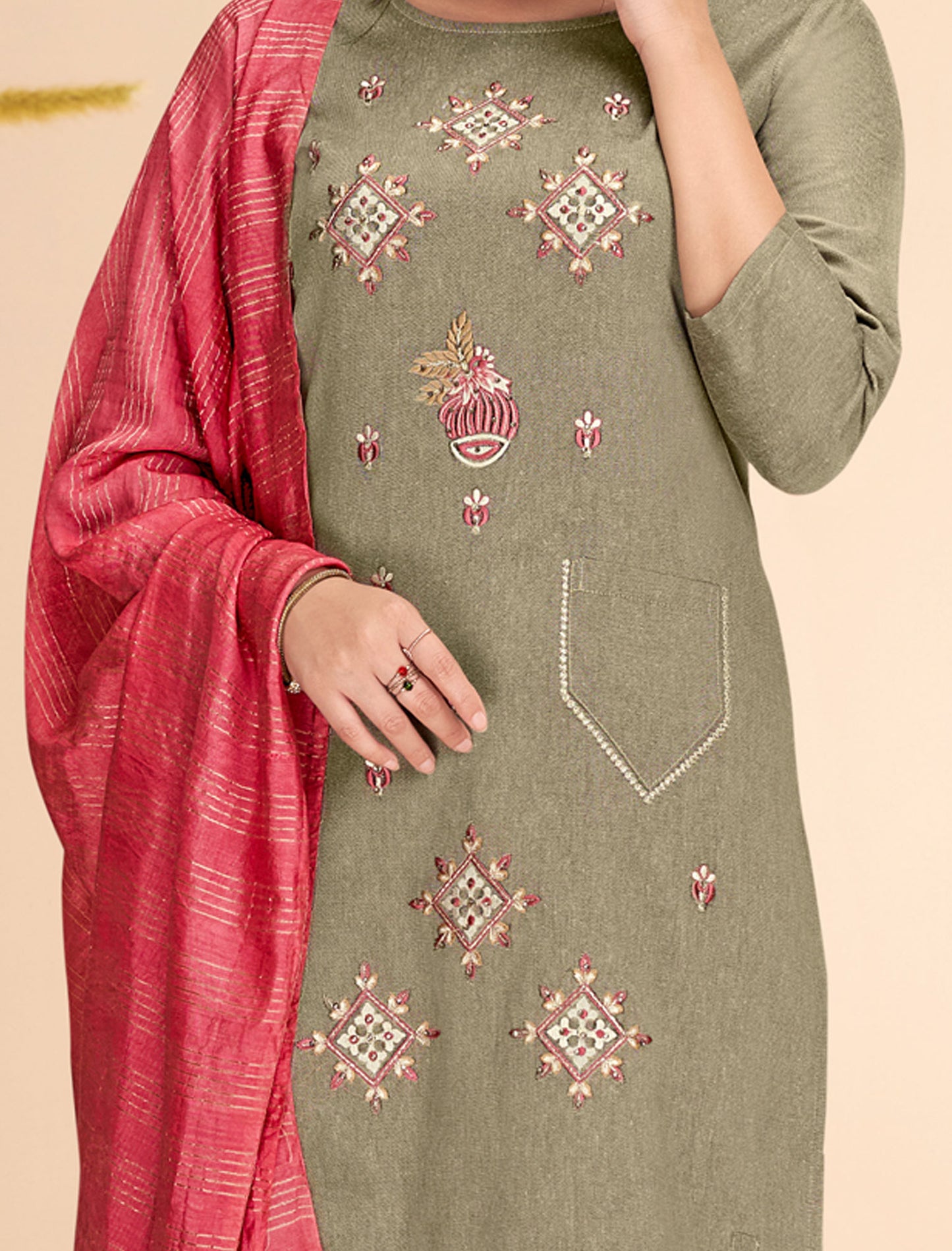 Khaki Masert Cotton Top Lining Cotton Pant and Banarasi Viscose Dupatta For Women